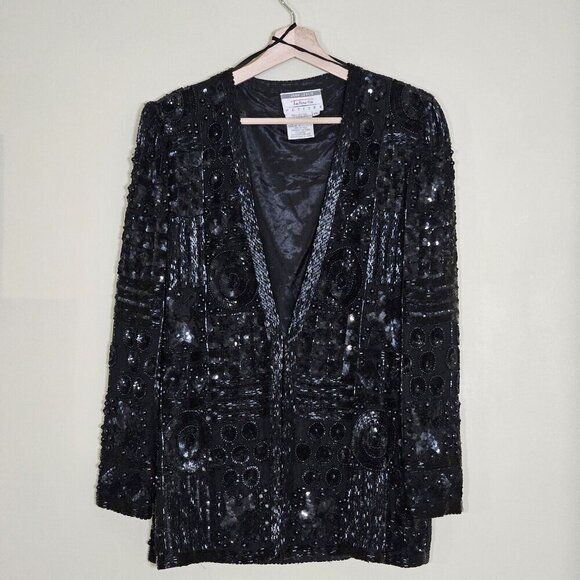 Joan Leslie Talbots Jacket Womens L Petite Black Top Sequins Beads Silk LS Vtg - Picture 1 of 16